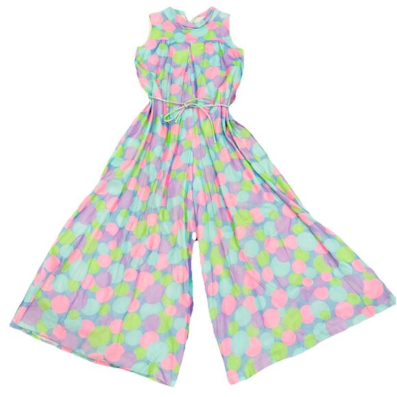 Vintage 60s Pastel Polka Dot Halter Ultra Wide Leg Sleeveless Belted Jumpsuit - Picture 1 of 9